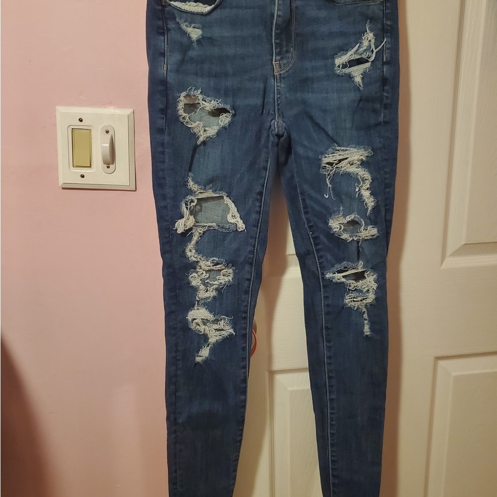 American Eagle Outfitters Distressed Skinny Jeans - Dark Blue